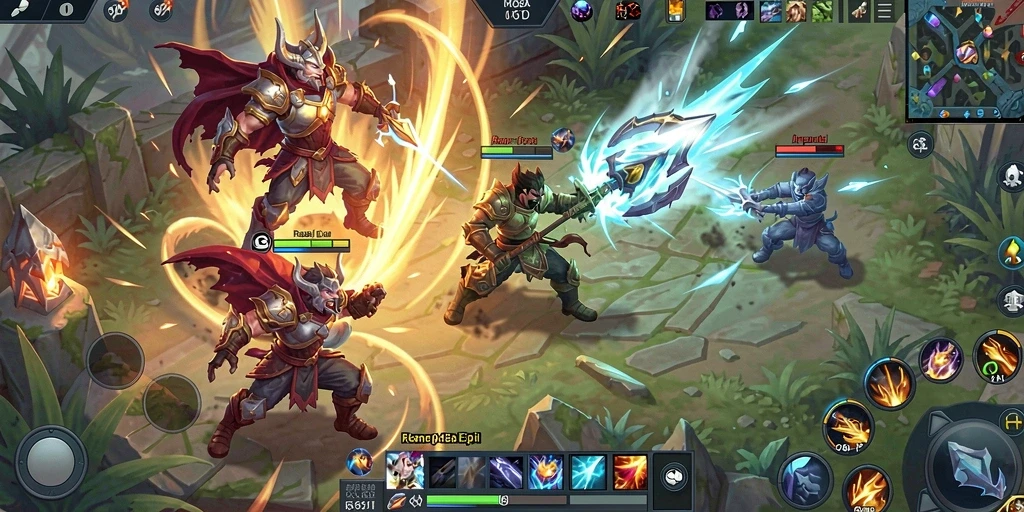 Gambaran aksi seru dalam pertempuran MOBA di 66D.