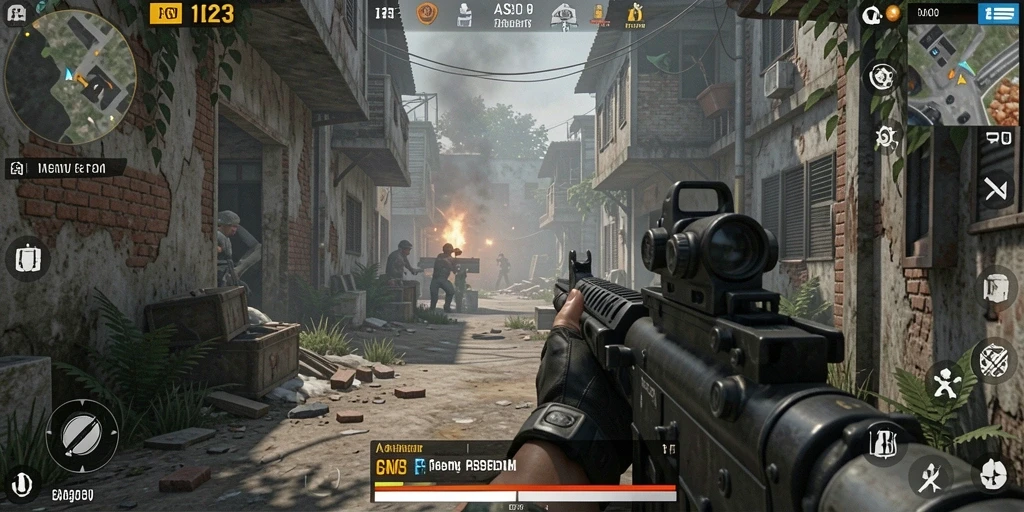 Tangkapan layar menunjukkan aksi menembak menegangkan di gameplay ASD123.