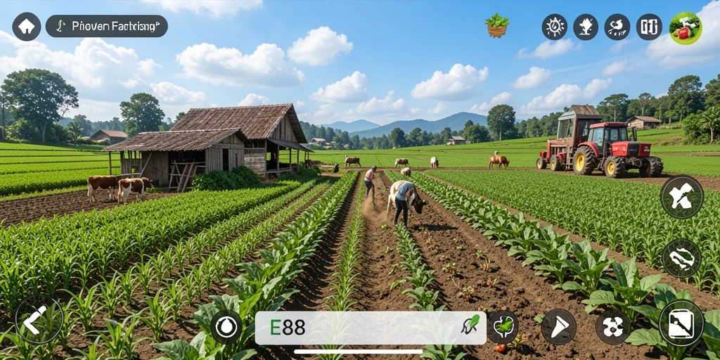 Tangkapan layar gameplay <strong>E88</strong> menunjukkan ladang hijau dan aktivitas pertanian yang mengasyikkan.