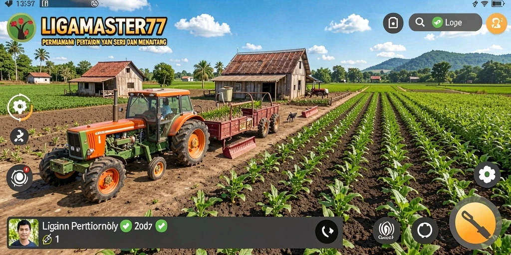 Screenshot gameplay LIGAMASTER77 menampilkan ladang dengan tanaman subur dan hewan ternak.