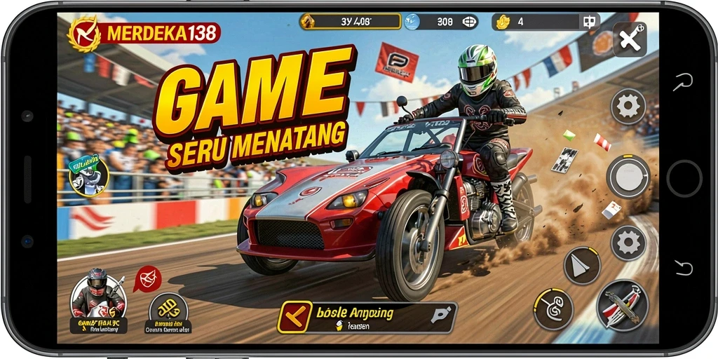 Screenshot gameplay <strong>MERDEKA138</strong> yang menampilkan balapan mobil yang mendebarkan.