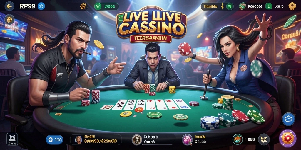 Screenshot gameplay RP99 menampilkan dealer dan pemain dalam aksi kasino langsung.