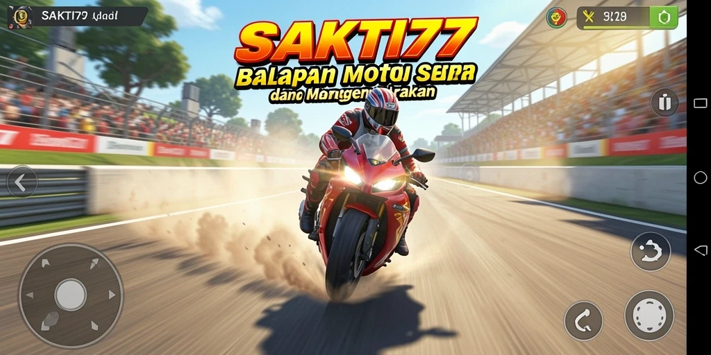 Tampilan gameplay mendebarkan dalam SAKTI77 saat balapan motor.