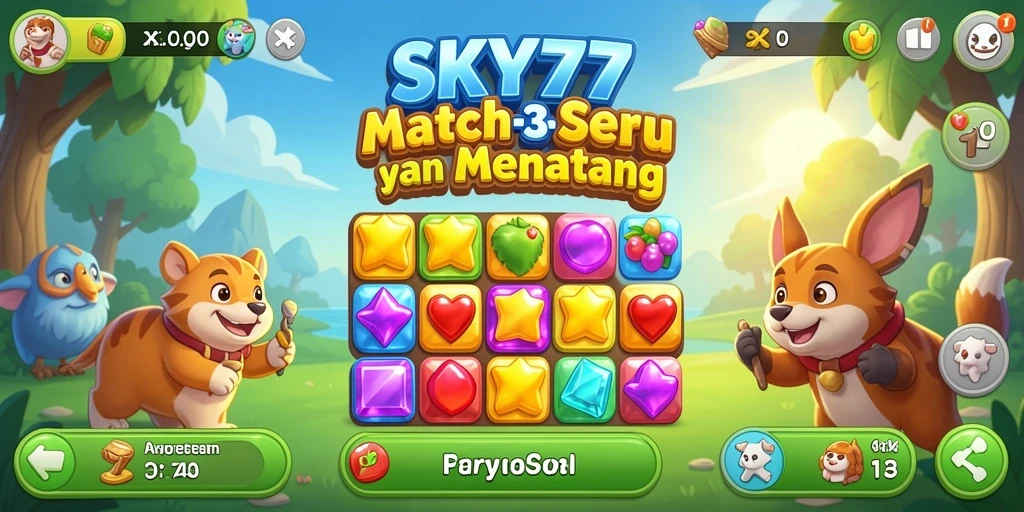 Tampilan gameplay mainkan SKY77 Match-3 yang seru dan berwarna.