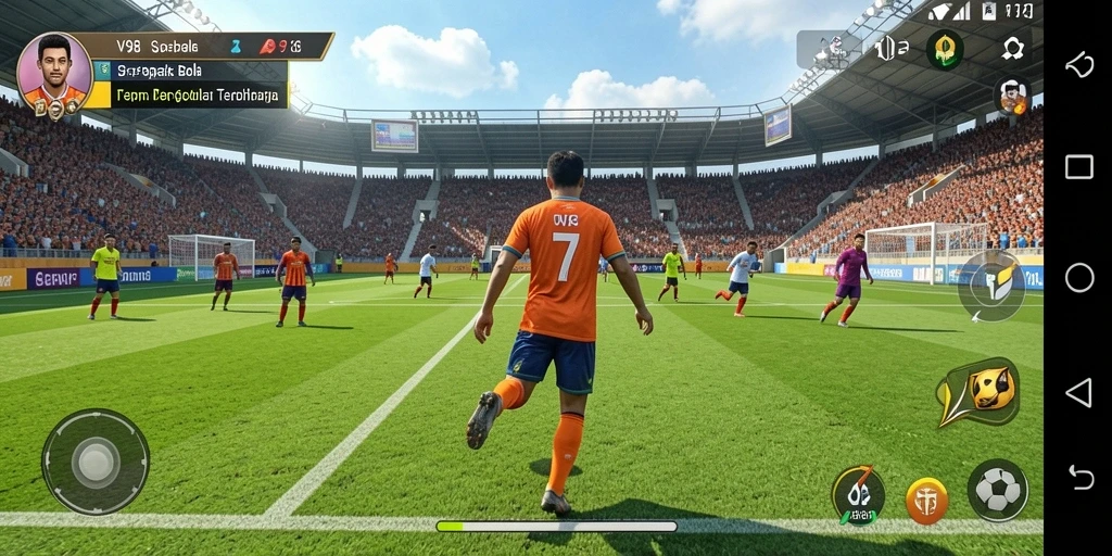 Tampilan gameplay V98 yang mengesankan dengan aksi sepak bola seru.